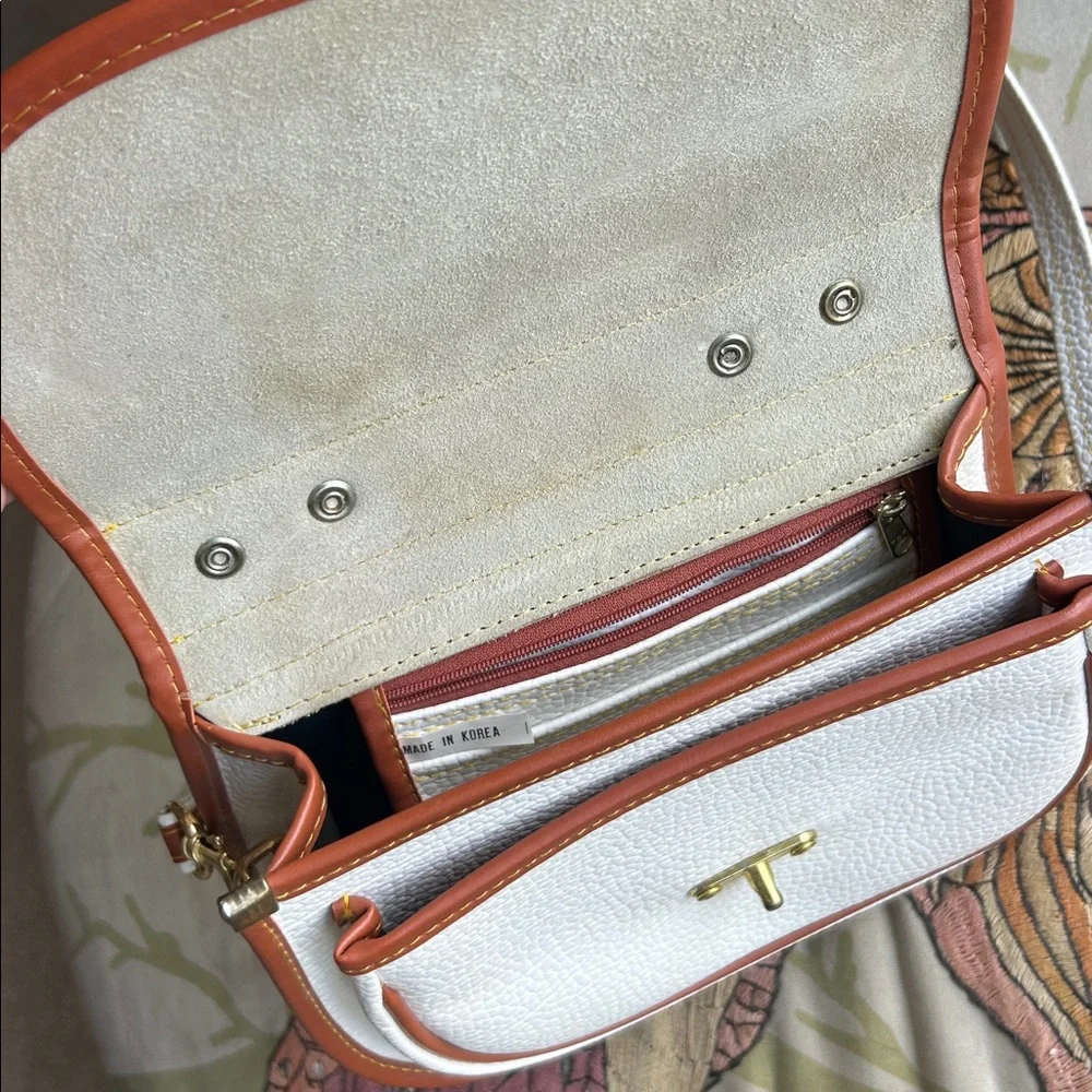 Vintage Made in Korea White and Brown Distressed Leather Crossbody Bag